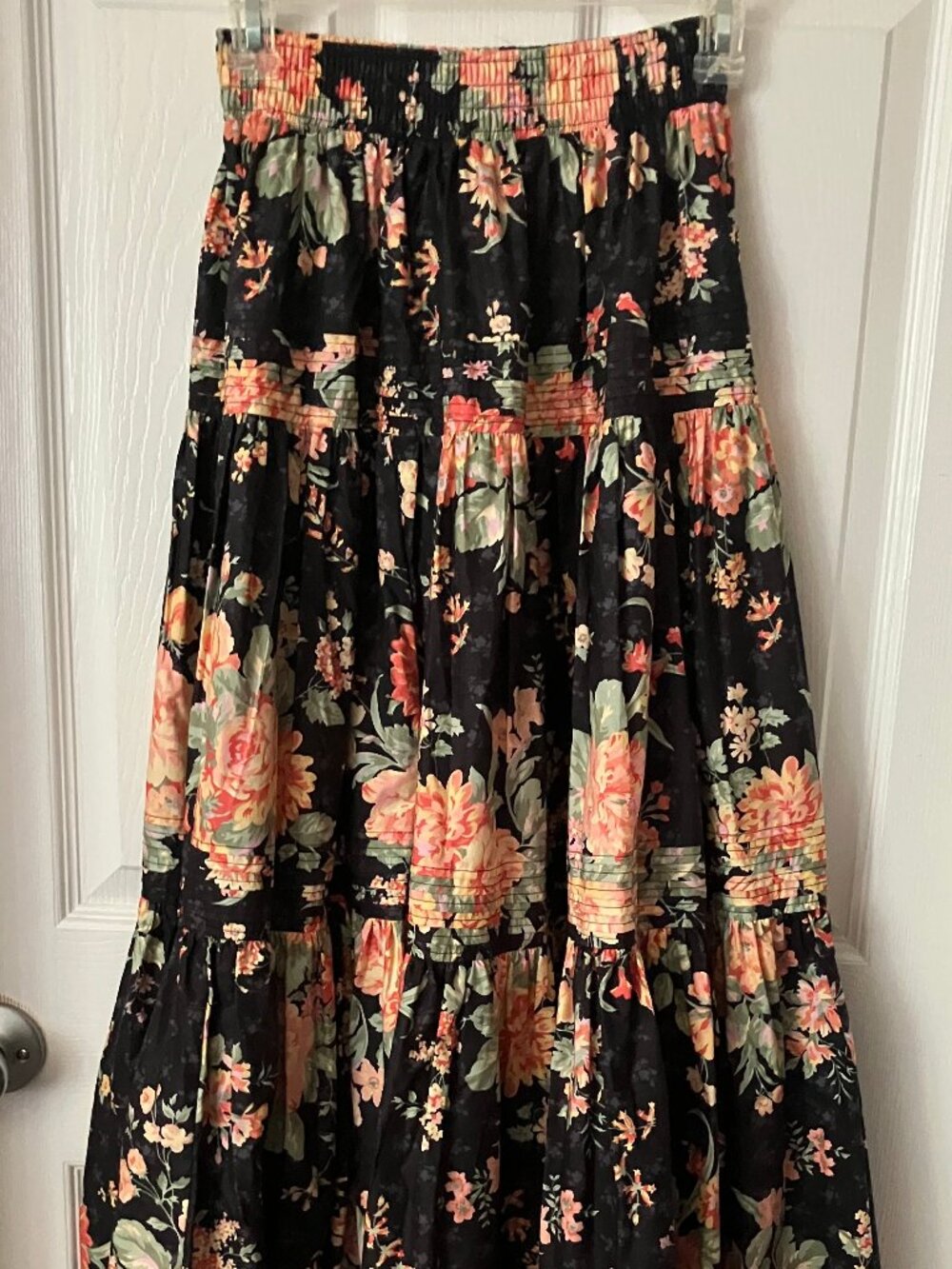 VTG 1990s LAURA ASHLEY Maxi Skirt Black base w/Pink/Yellow floral print Sz M